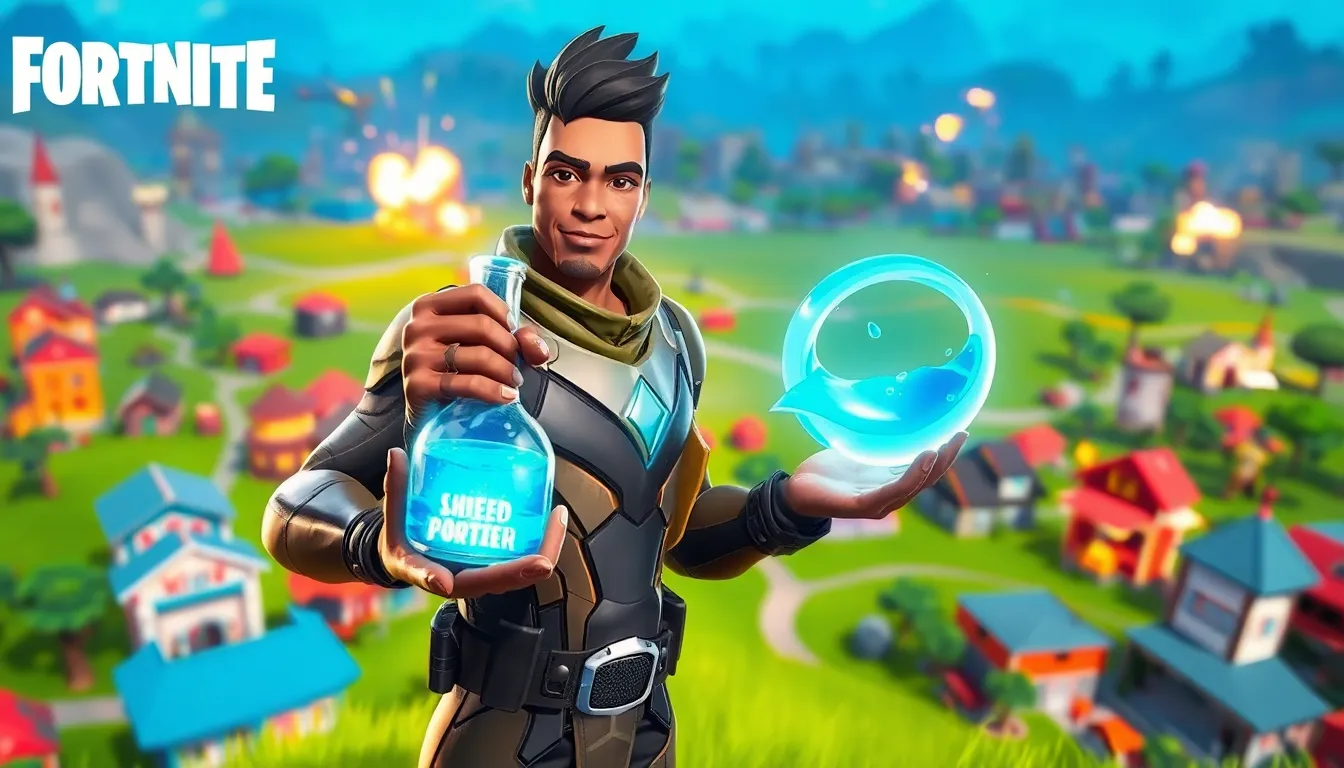 Fortnite character holding a shield potion in a colorful gaming landscape.