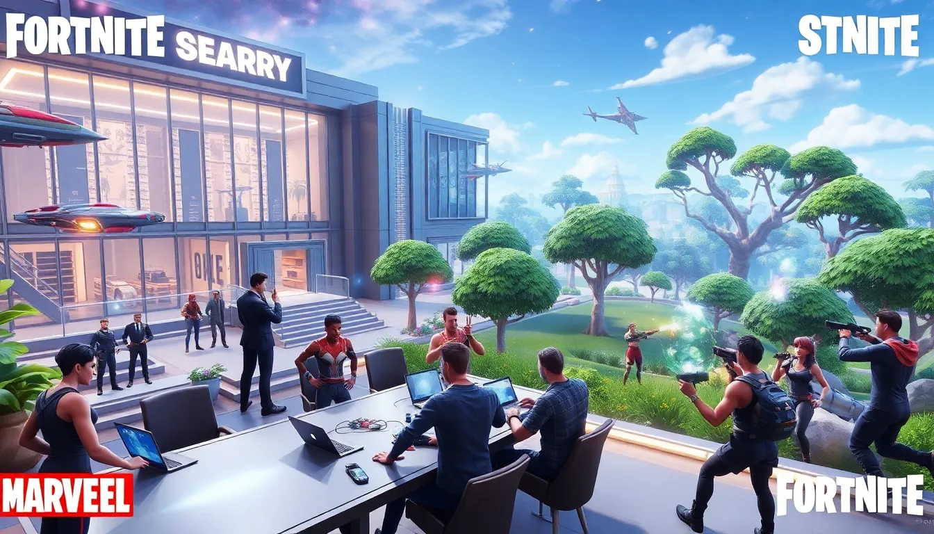 futuristic Stark Industries in Fortnite with diverse characters and high-tech elements.
